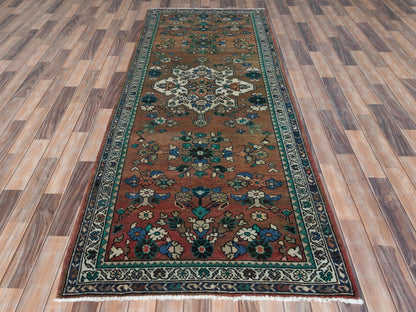 Brown 3'7" x 9'9" Vintage Hand knotted Wool Rug - Sku: O081061