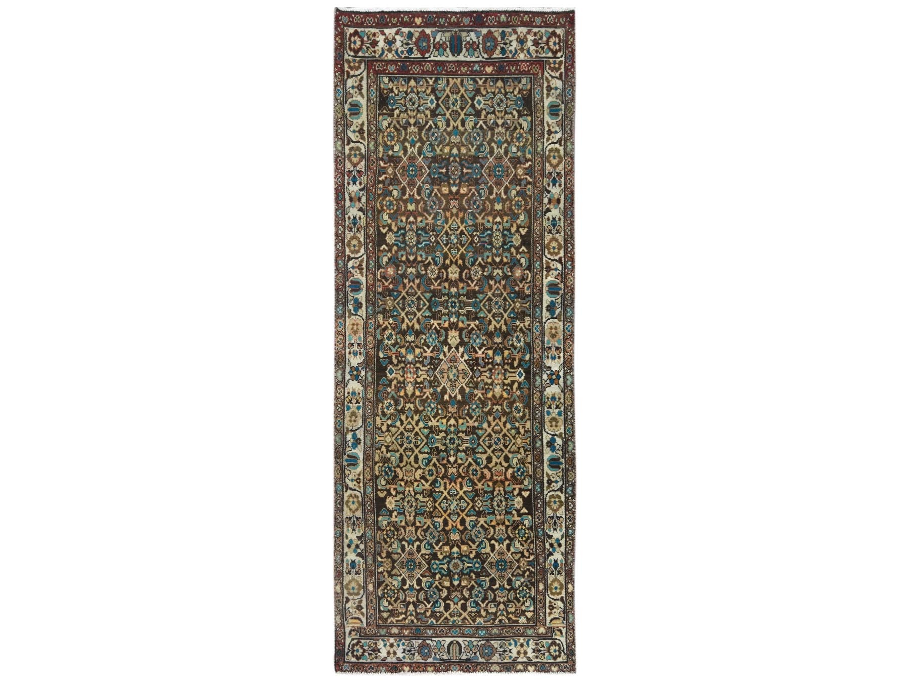 Brown 3'7" x 9'10" Vintage Hand knotted Wool Rug - Sku: O081073