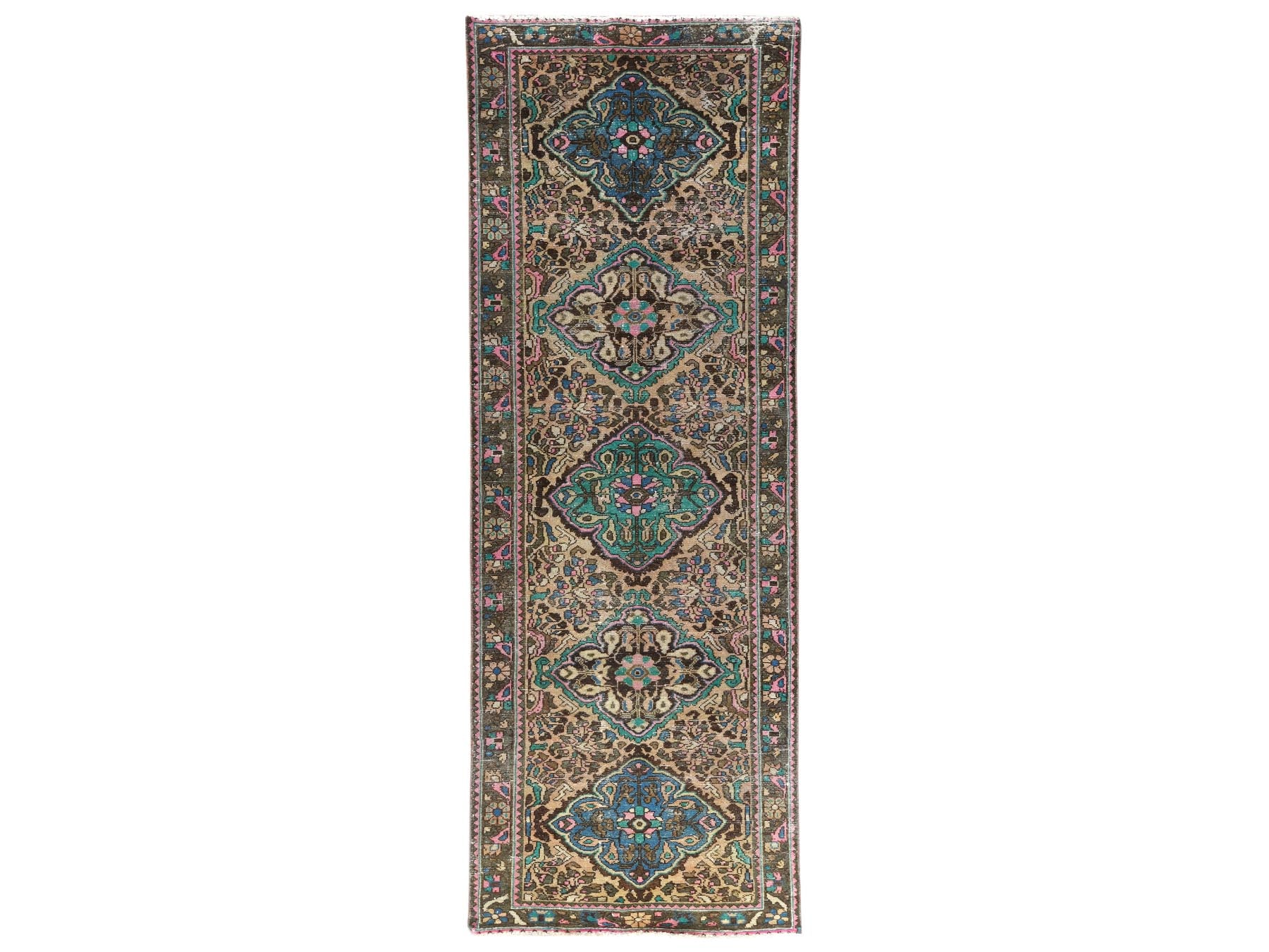 Brown 3'6" x 9'7" Vintage Hand knotted Wool Rug - Sku: O081142