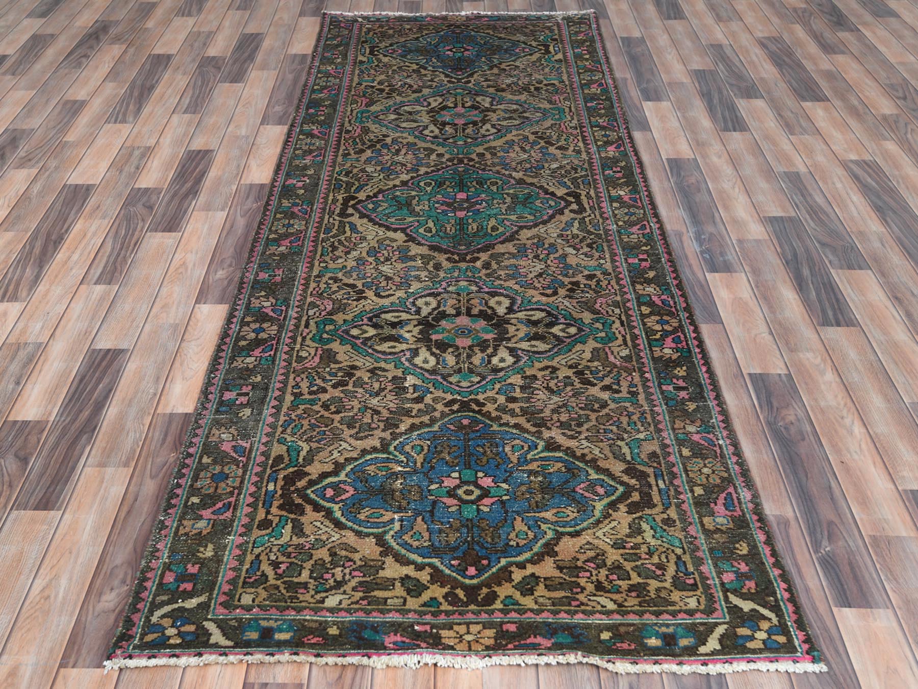 Brown 3'6" x 9'7" Vintage Hand knotted Wool Rug - Sku: O081142