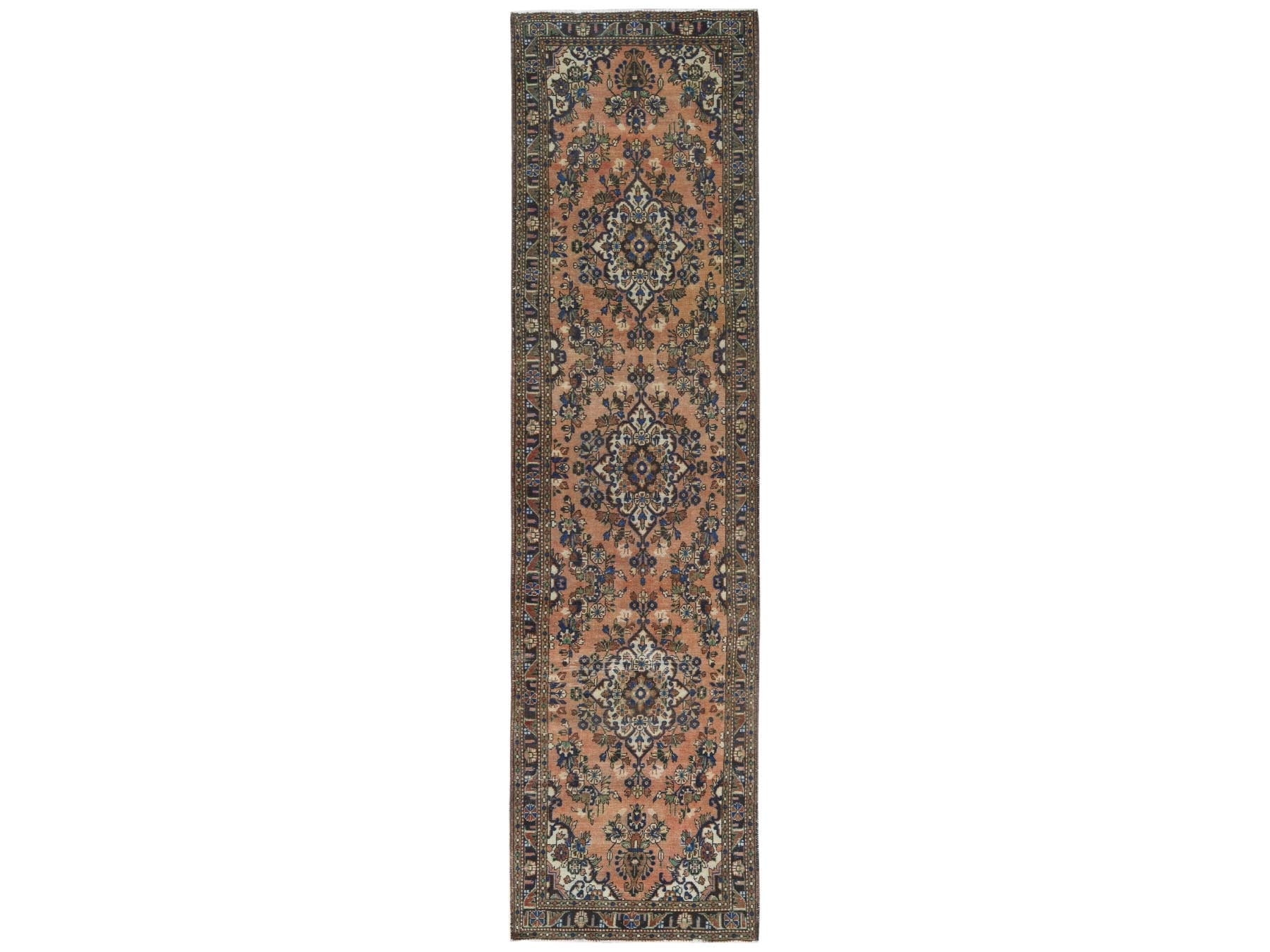 Vintage hand-knotted worn wool runner in Orange & Navy Blue, 3'5" x 13'7" — SKU O081148