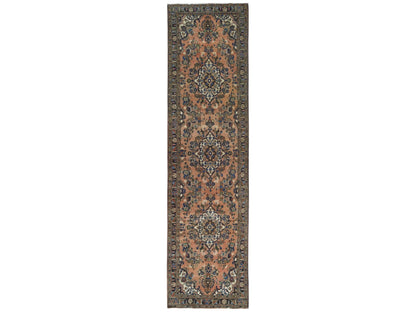 Vintage hand-knotted worn wool runner in Orange & Navy Blue, 3'5" x 13'7" — SKU O081148