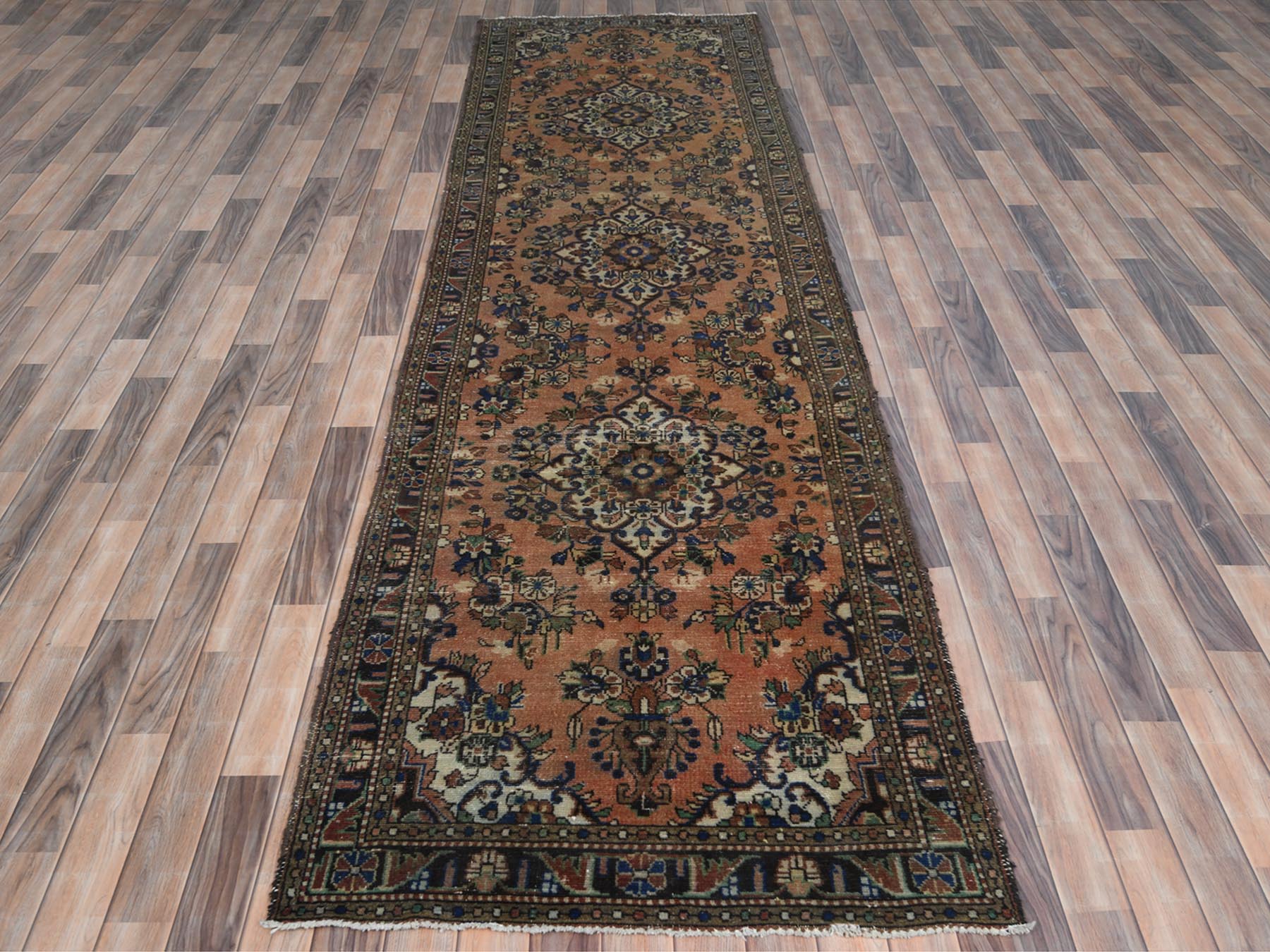 Orange 3'5" x 13'7" Vintage Hand knotted Wool Rug - Sku: O081148