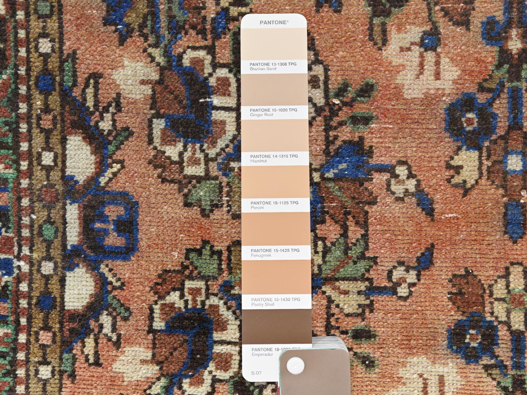 Vintage hand-knotted worn wool runner in Orange & Navy Blue, 3'5" x 13'7" — SKU O081148 (view 4)