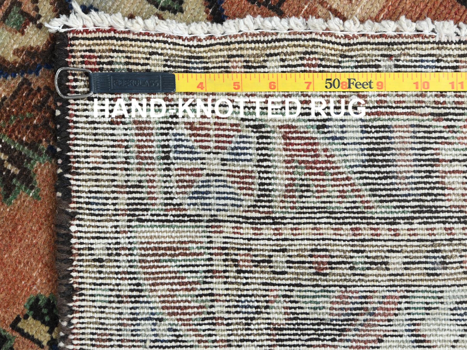 Vintage hand-knotted worn wool runner in Orange & Navy Blue, 3'5" x 13'7" — SKU O081148 (view 7)
