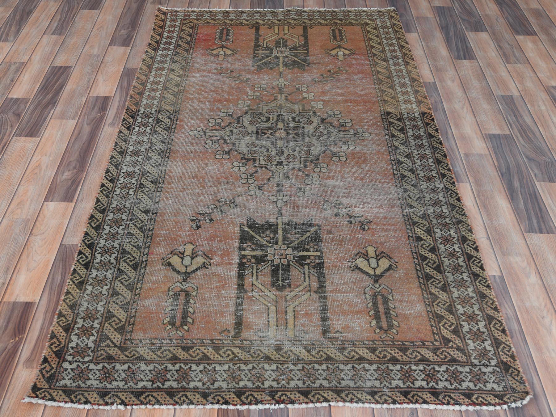 Baluch Vintage hand-knotted worn wool rug in Red & Ivory, 3'7" x 6'6" — SKU O081155 (view 2)
