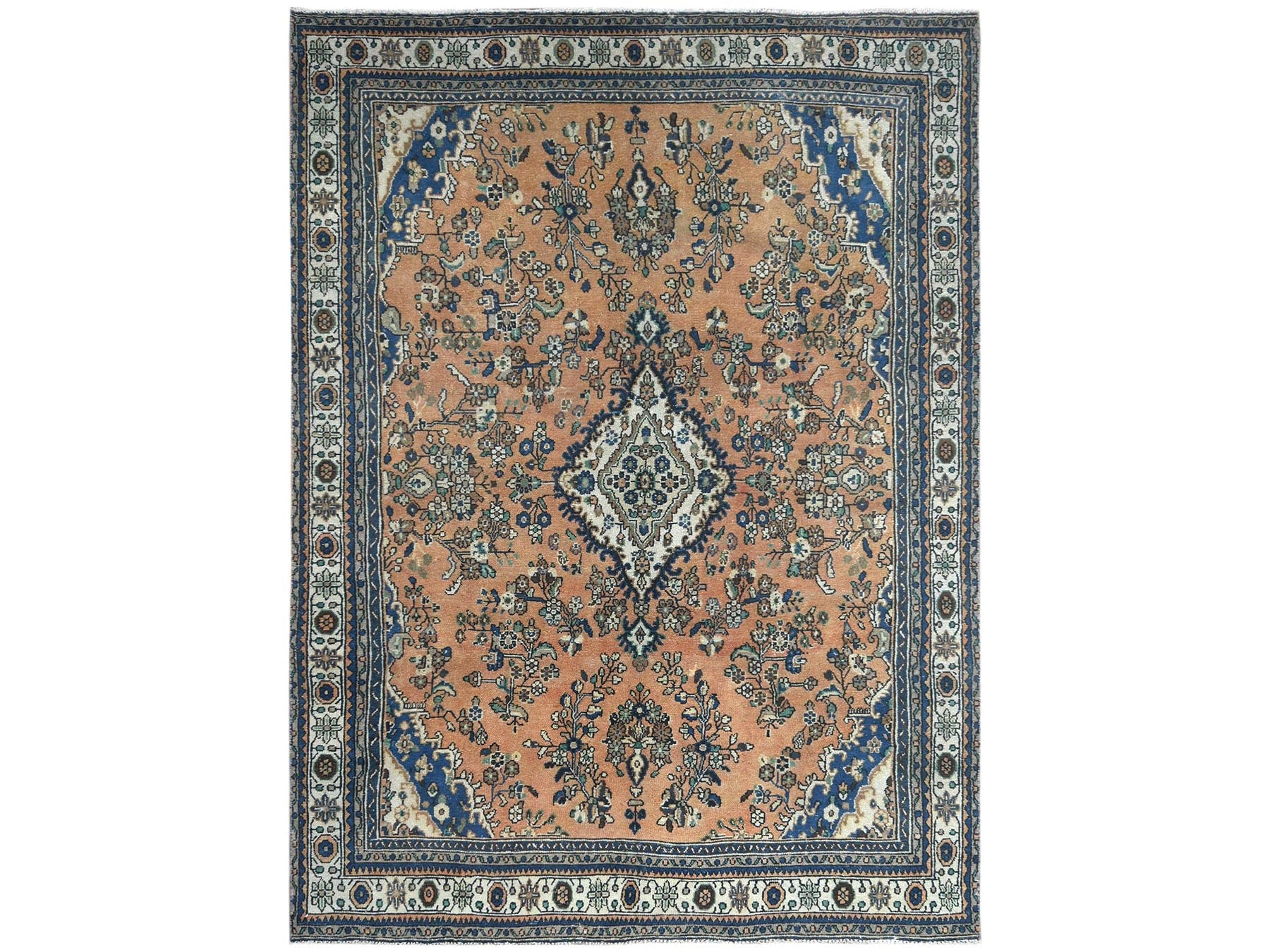 Vintage hand-knotted worn wool rug in Orange & Ivory, 8' x 11'1" — SKU O081168