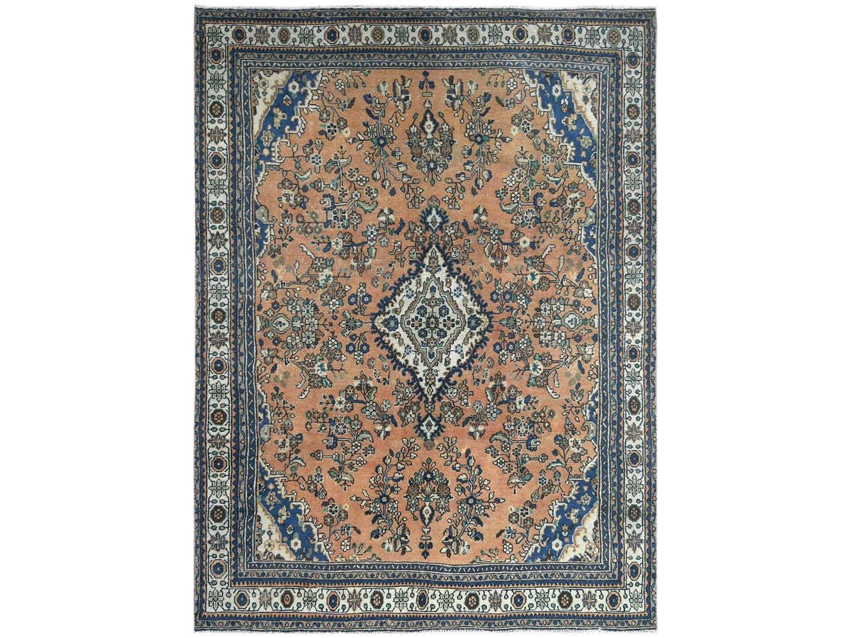 Vintage hand-knotted worn wool rug in Orange & Ivory, 8' x 11'1" — SKU O081168