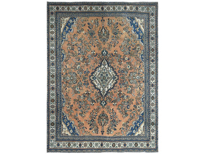 Vintage hand-knotted worn wool rug in Orange & Ivory, 8' x 11'1" — SKU O081168