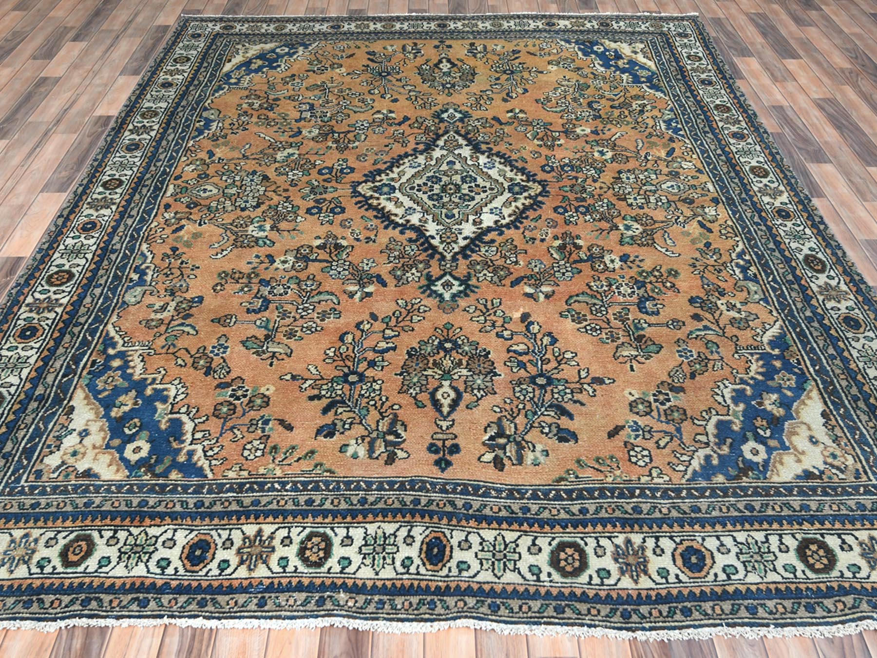 Vintage hand-knotted worn wool rug in Orange & Ivory, 8' x 11'1" — SKU O081168 (view 2)