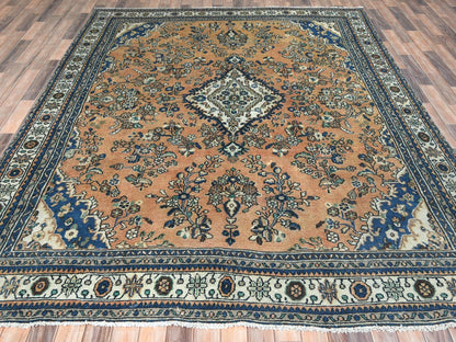 Vintage hand-knotted worn wool rug in Orange & Ivory, 8' x 11'1" — SKU O081168 (view 2)