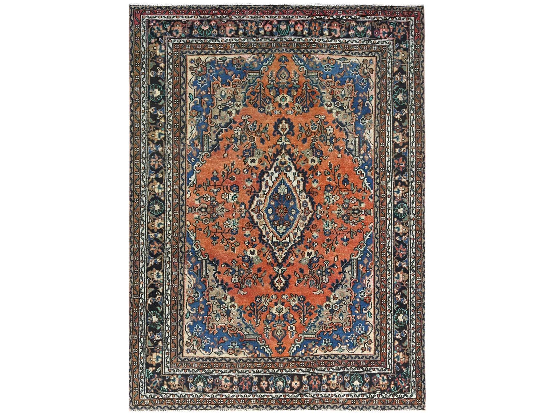 Vintage hand-knotted worn wool rug in Orange & Black, 7'4" x 10' — SKU O081169
