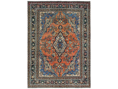 Vintage hand-knotted worn wool rug in Orange & Black, 7'4" x 10' — SKU O081169