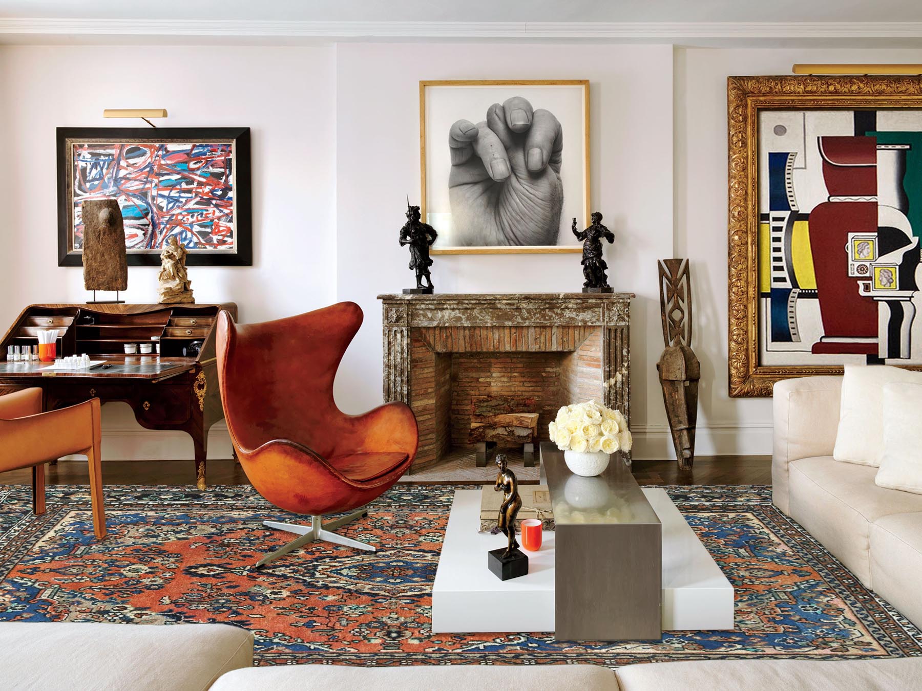 Vintage hand-knotted worn wool rug in Orange & Black, 7'4" x 10' — SKU O081169 (view 2)