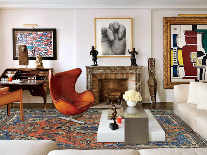 Vintage hand-knotted worn wool rug in Orange & Black, 7'4" x 10' — SKU O081169 (view 2)