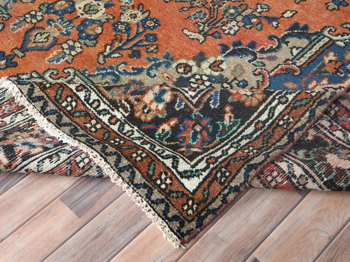 Vintage hand-knotted worn wool rug in Orange & Black, 7'4" x 10' — SKU O081169 (view 7)