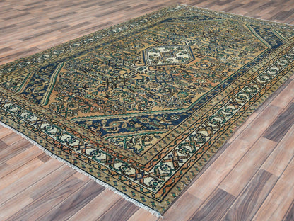 Yellow 6'3" x 9'7" Vintage Hand knotted Wool Rug - Sku: O081175