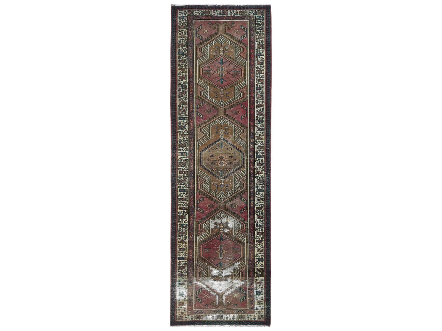Serab Vintage hand-knotted worn wool runner in Red & Ivory, 3'1" x 10'1" — SKU O081186