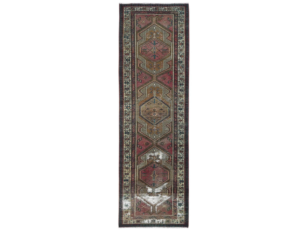 Serab Vintage hand-knotted worn wool runner in Red & Ivory, 3'1" x 10'1" — SKU O081186