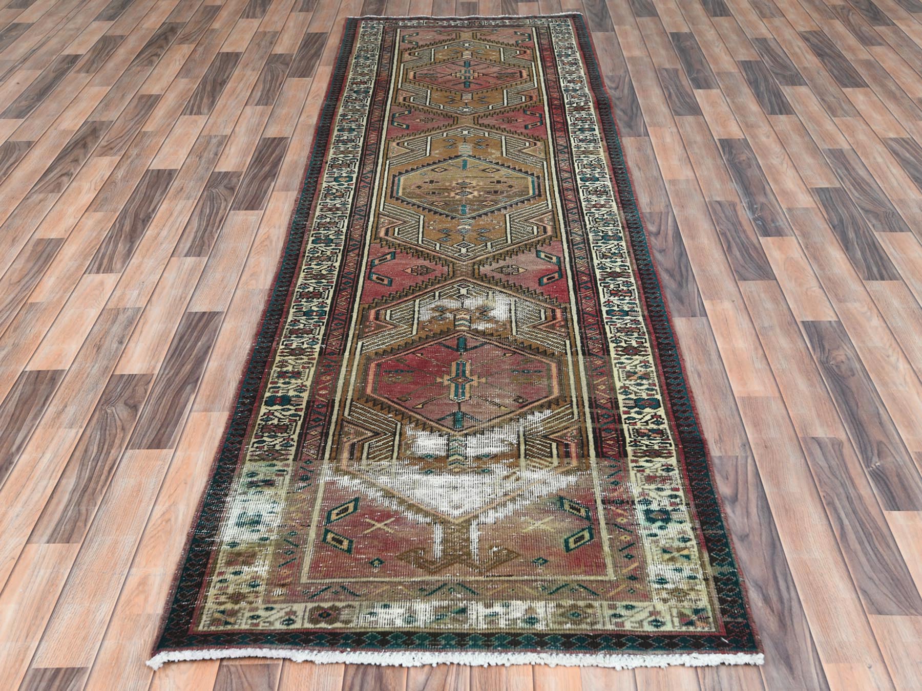 Serab Vintage hand-knotted worn wool runner in Red & Ivory, 3'1" x 10'1" — SKU O081186 (view 2)
