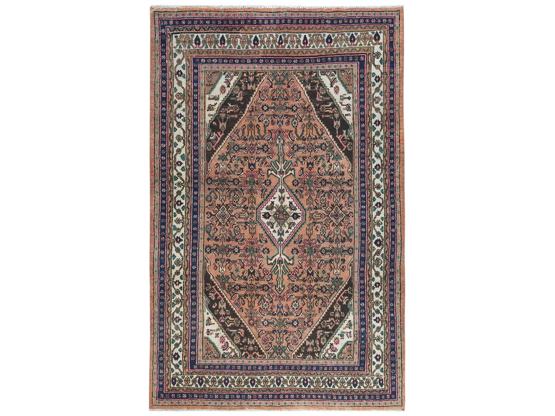Hamadan Vintage hand-knotted worn wool rug in Orange & Ivory, 6'8" x 10'3" — SKU O081195