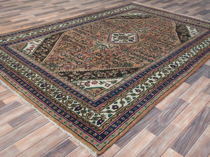 Hamadan Vintage hand-knotted worn wool rug in Orange & Ivory, 6'8" x 10'3" — SKU O081195 (view 4)