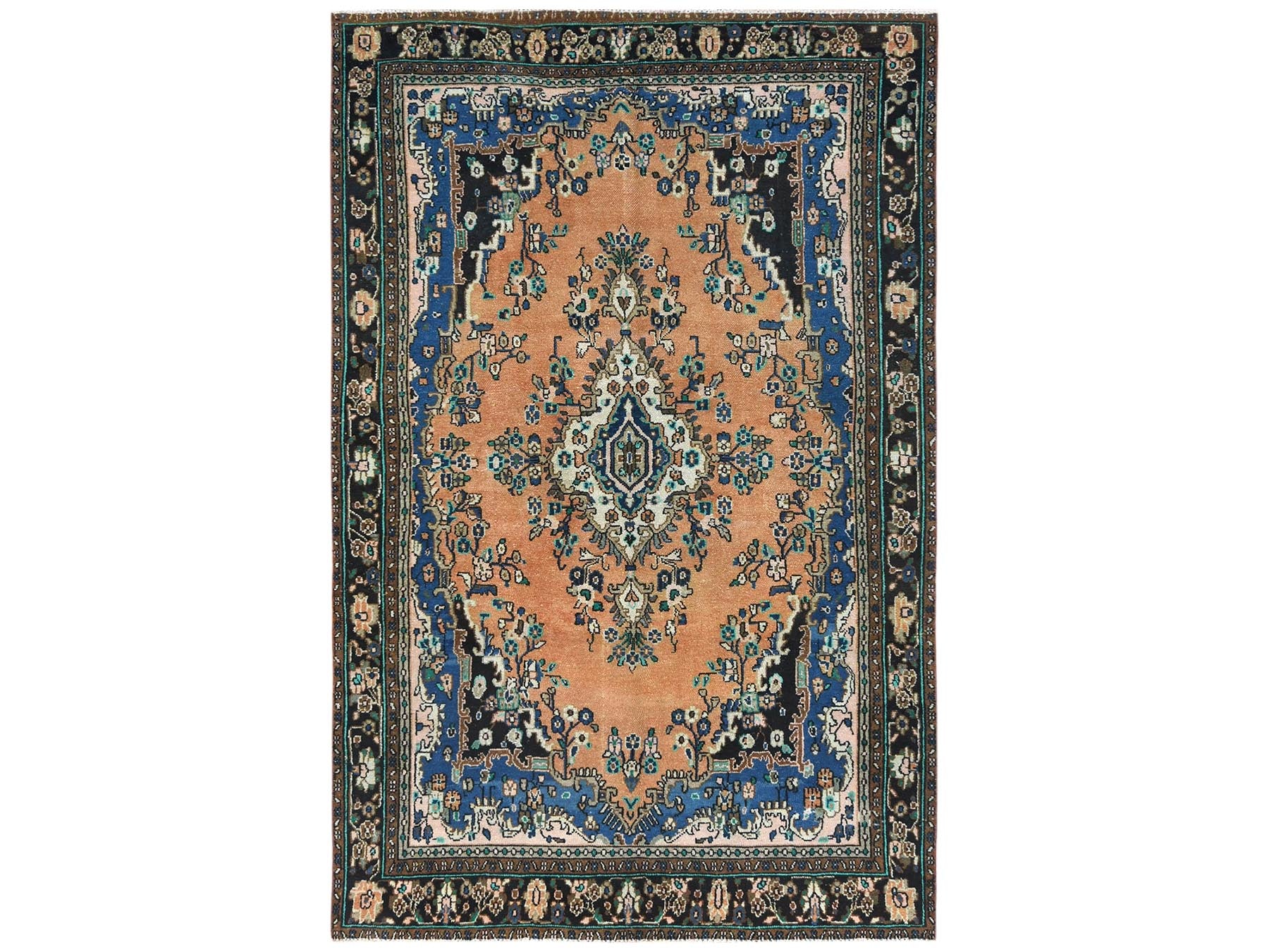 Vintage hand-knotted worn wool rug in Orange & Black, 6'6" x 9'10" — SKU O081199
