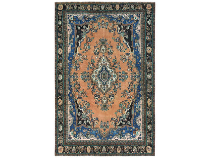 Vintage hand-knotted worn wool rug in Orange & Black, 6'6" x 9'10" — SKU O081199