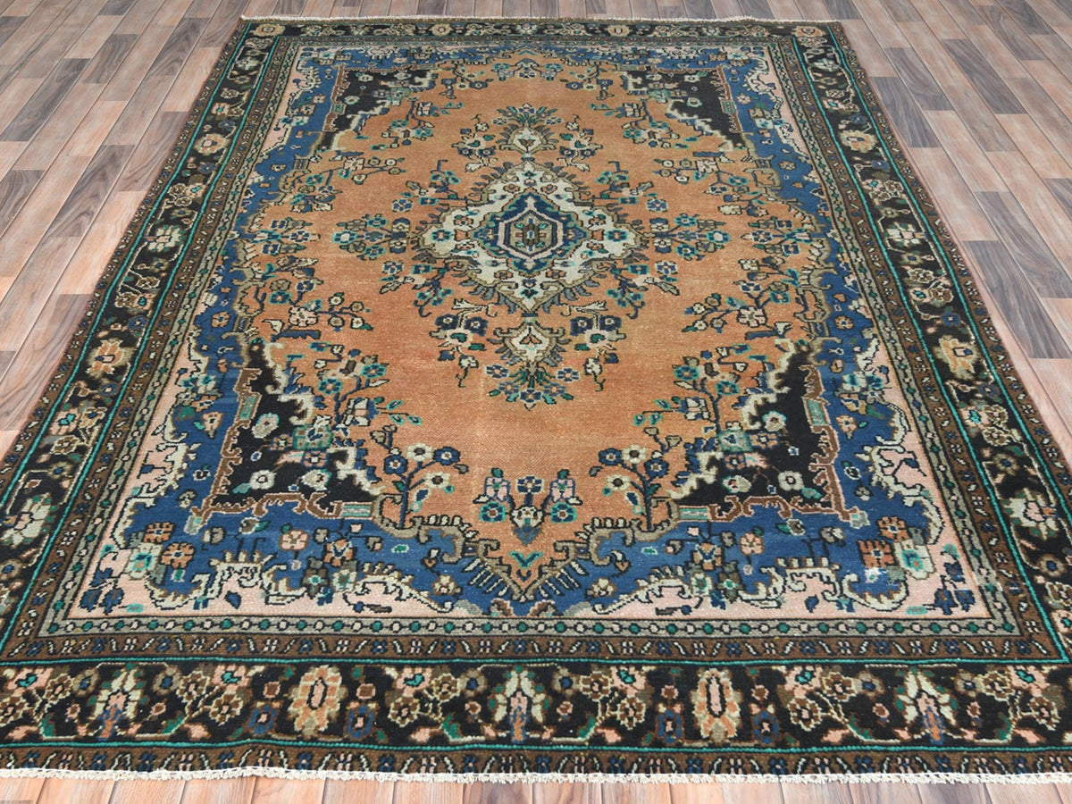 Vintage hand-knotted worn wool rug in Orange & Black, 6'6" x 9'10" — SKU O081199 (view 3)