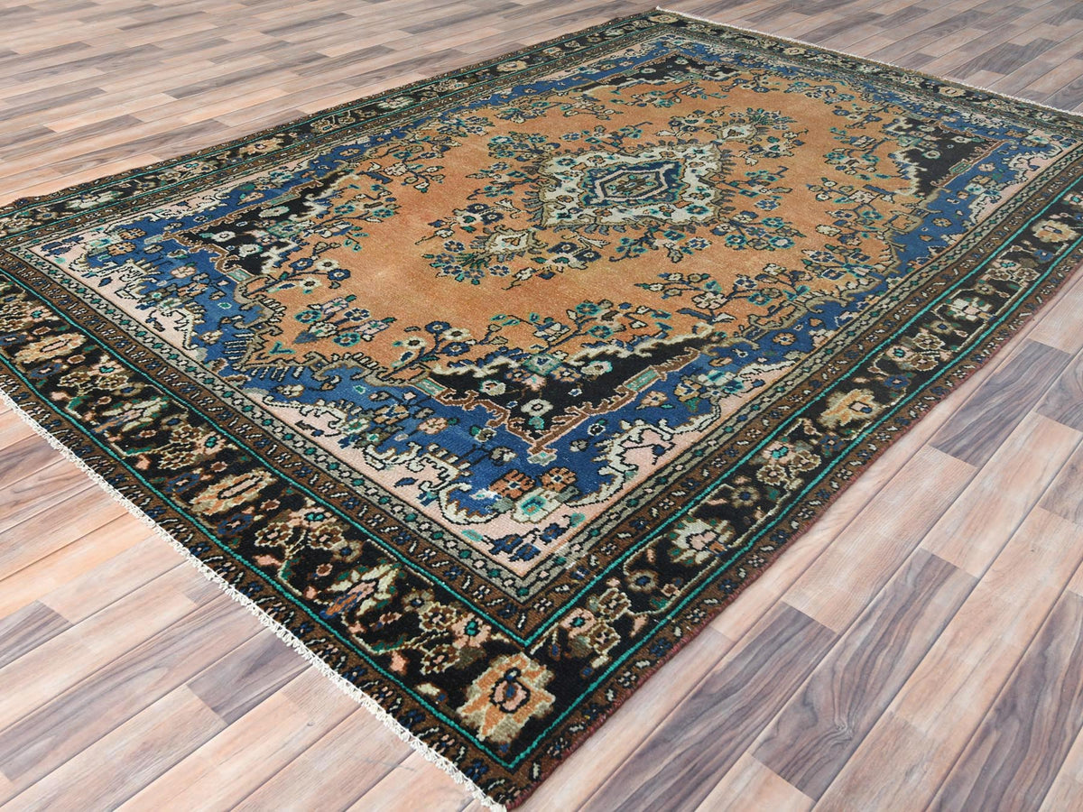 Vintage hand-knotted worn wool rug in Orange & Black, 6'6" x 9'10" — SKU O081199 (view 4)