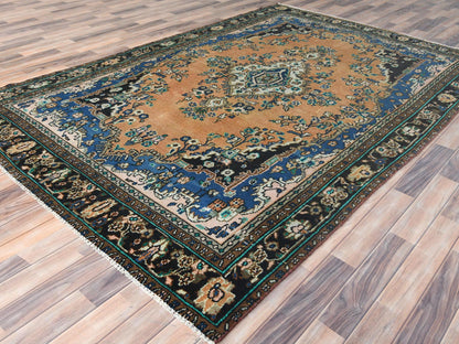 Vintage hand-knotted worn wool rug in Orange & Black, 6'6" x 9'10" — SKU O081199 (view 4)