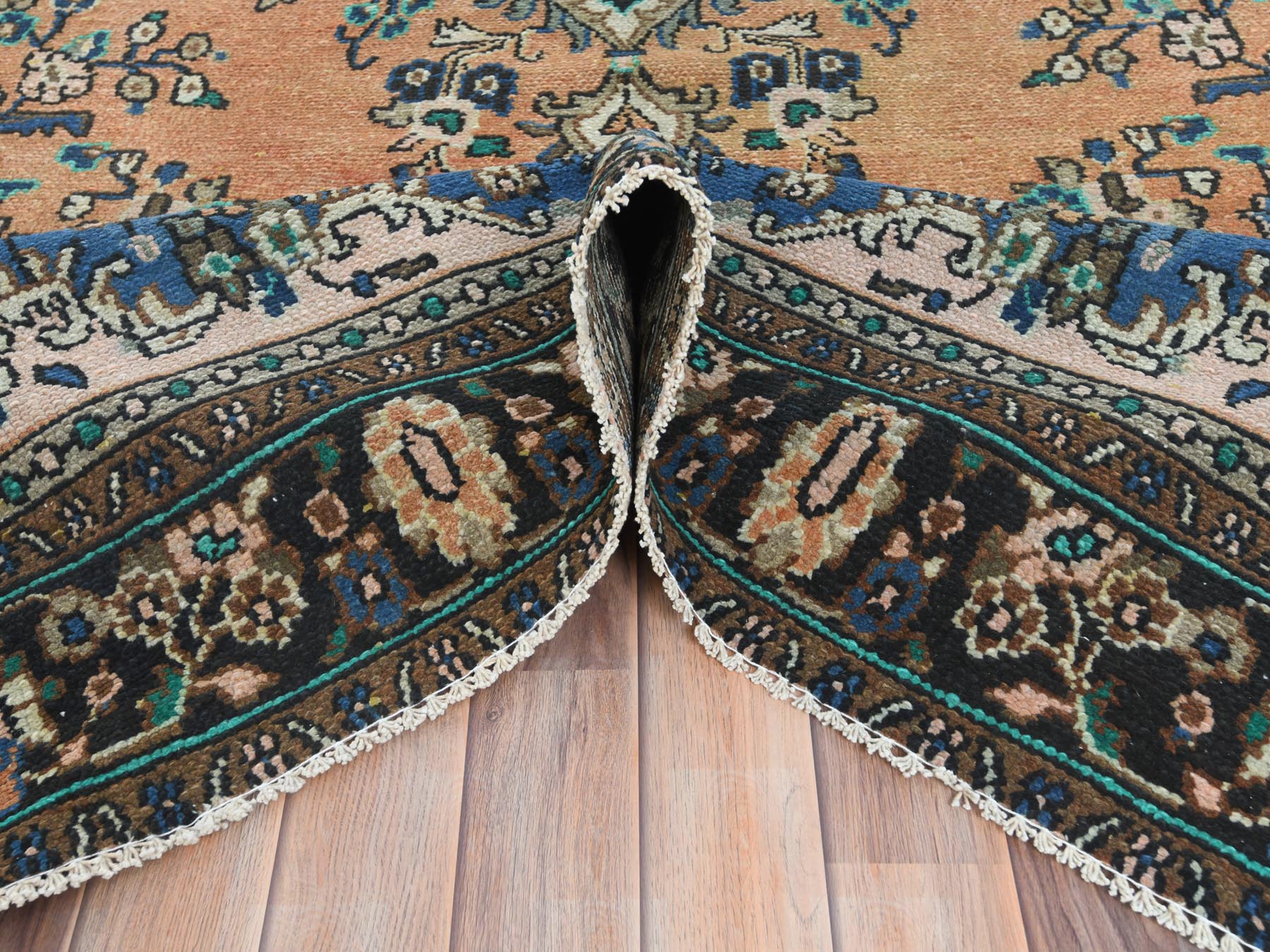 Vintage hand-knotted worn wool rug in Orange & Black, 6'6" x 9'10" — SKU O081199 (view 6)