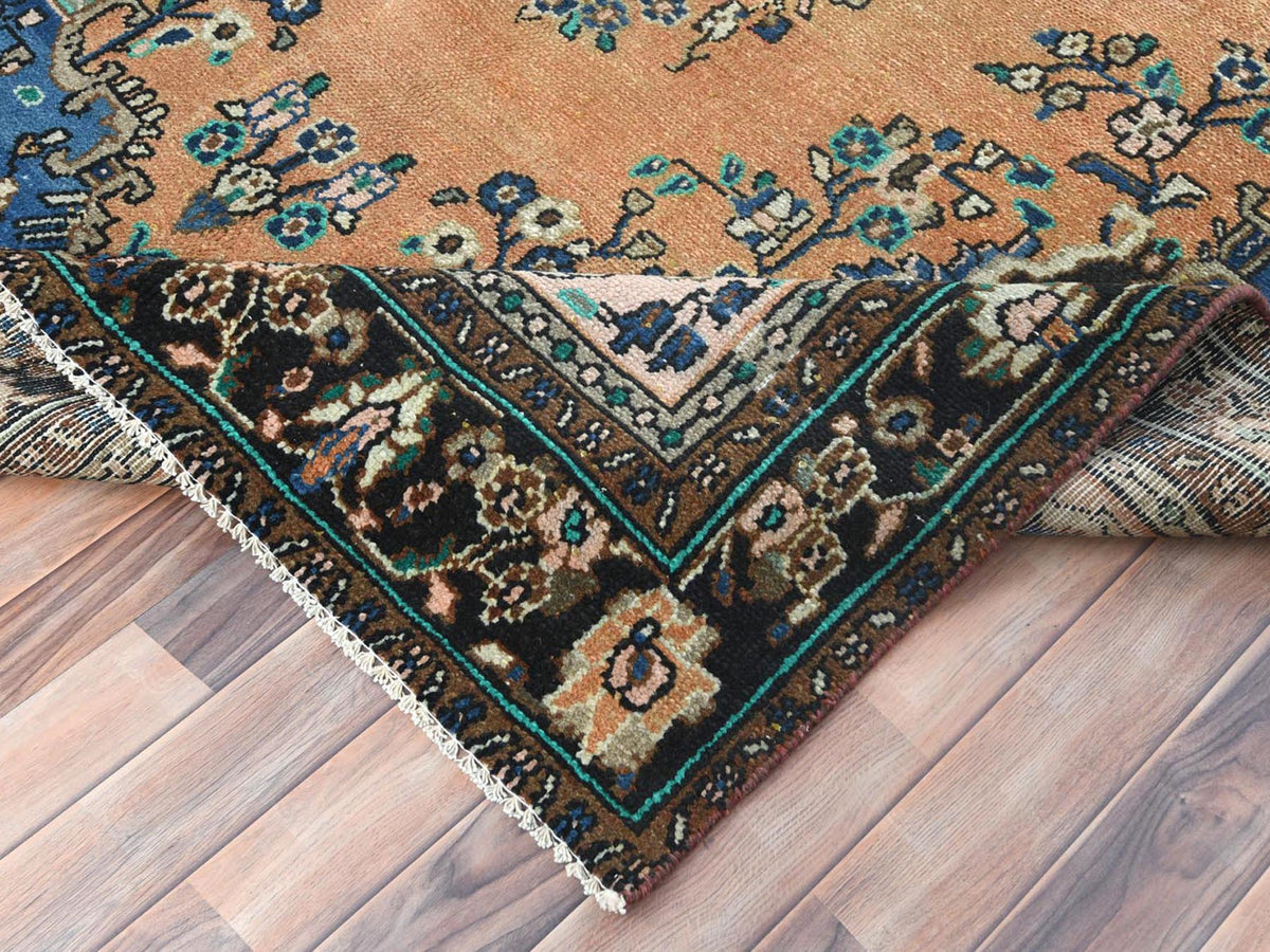 Vintage hand-knotted worn wool rug in Orange & Black, 6'6" x 9'10" — SKU O081199 (view 7)