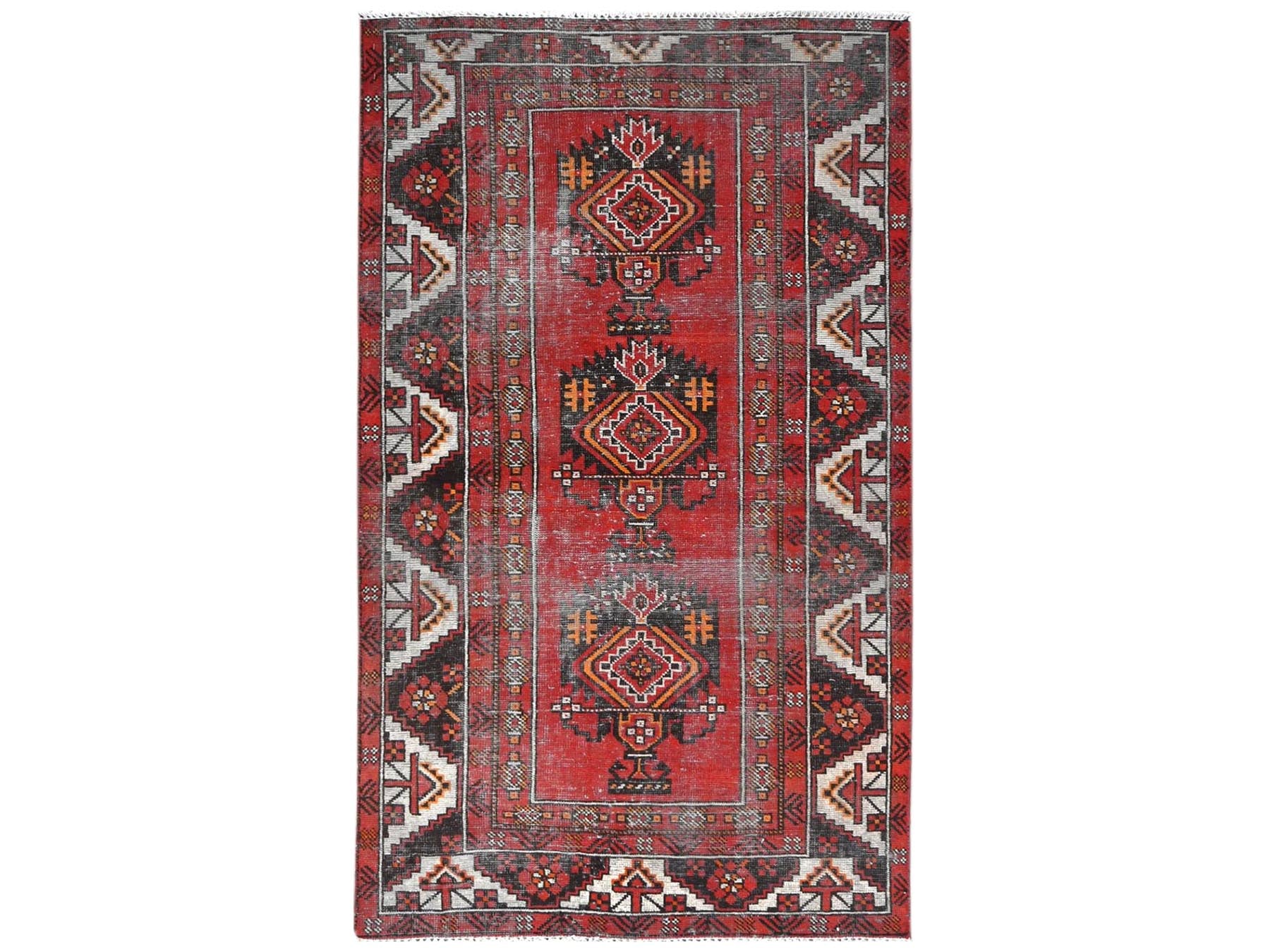 Baluch Vintage hand-knotted worn wool rug in Red, 3'9" x 6'4" — SKU O081210