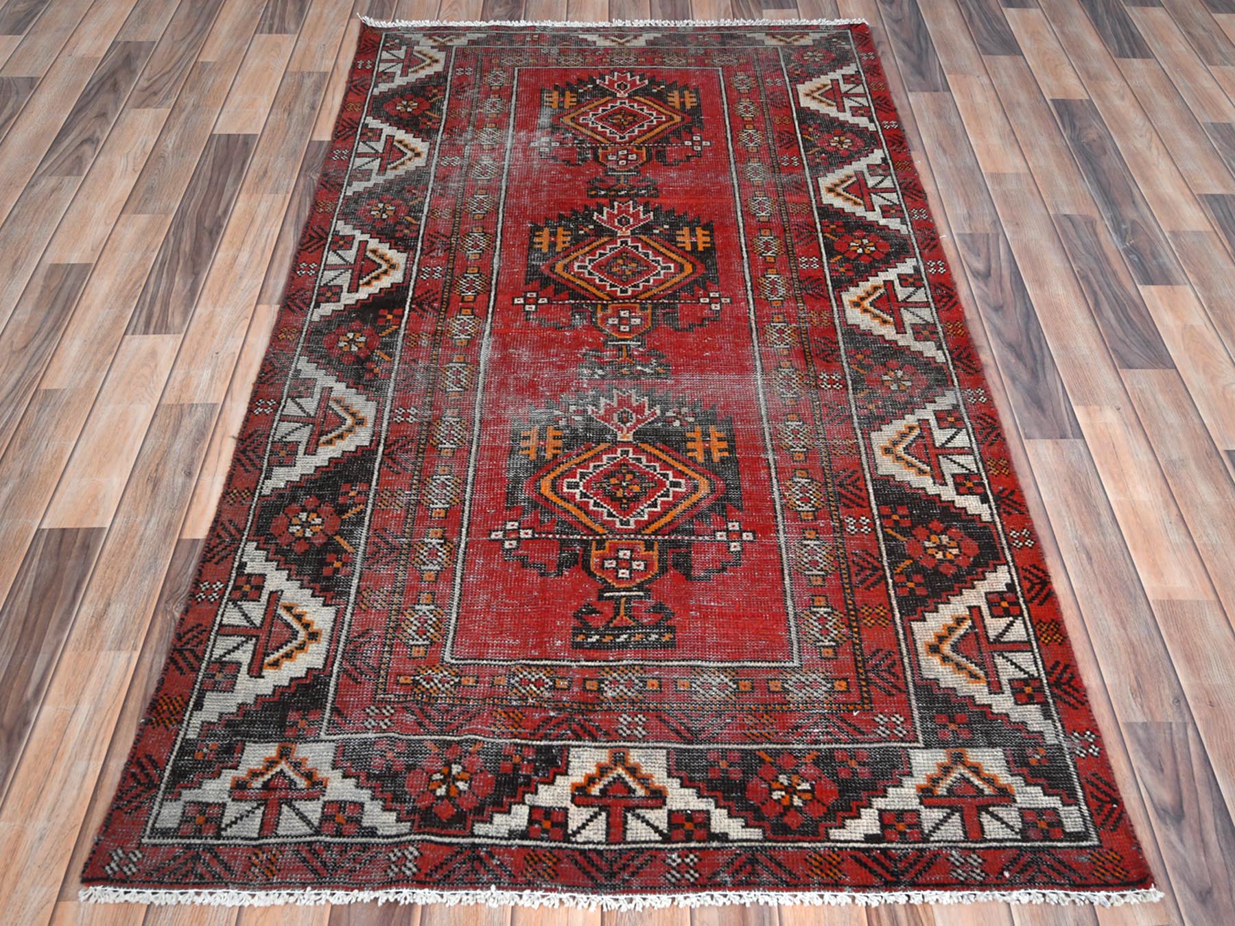 Baluch Vintage hand-knotted worn wool rug in Red, 3'9" x 6'4" — SKU O081210 (view 2)