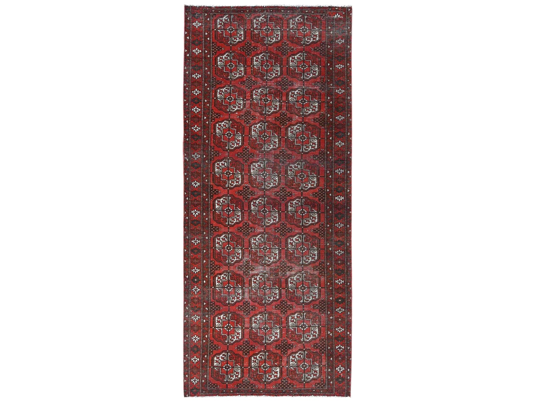 Red 3'9" x 9'2" Vintage Hand knotted Wool Rug - Sku: O081212