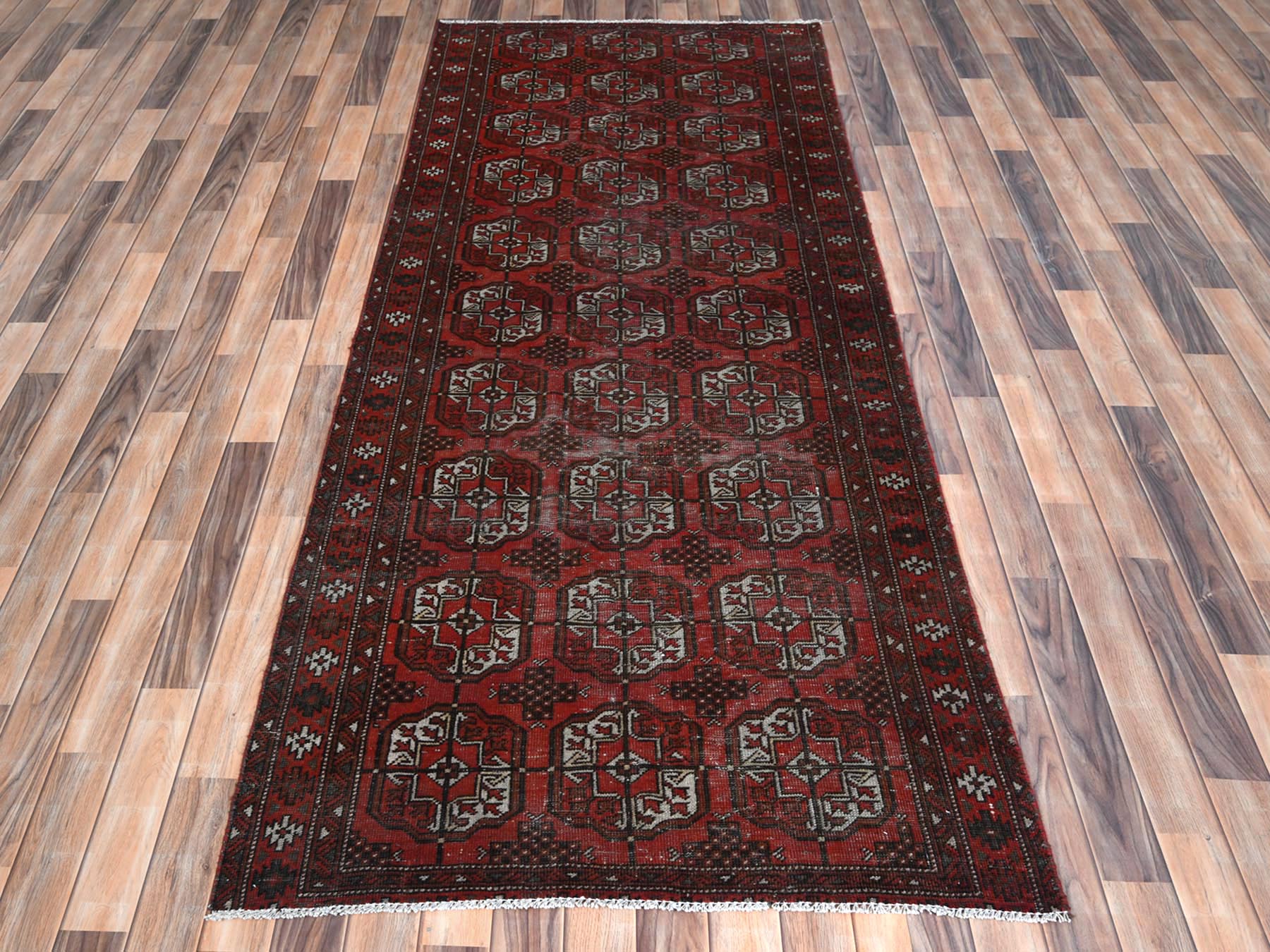 Vintage hand-knotted worn wool runner in Red, 3'9" x 9'2" — SKU O081212 (view 2)