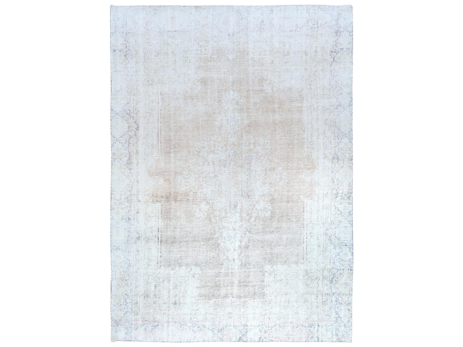 Kerman Vintage hand-knotted worn wool rug in Beige & Denim Blue, 8'7" x 12' — SKU O081249