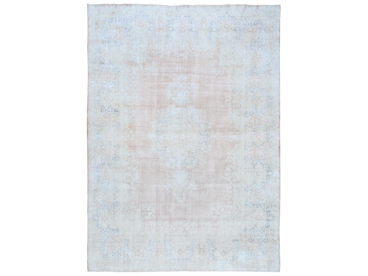 Kerman Vintage hand-knotted worn wool rug in Pink & Navy Blue, 9'4" x 13'1" — SKU O081251