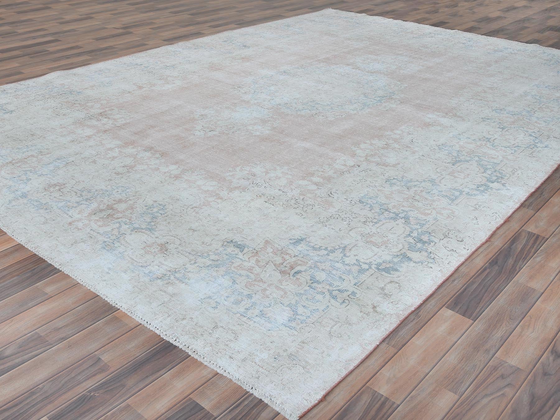 Kerman Vintage hand-knotted worn wool rug in Pink & Navy Blue, 9'4" x 13'1" — SKU O081251 (view 3)