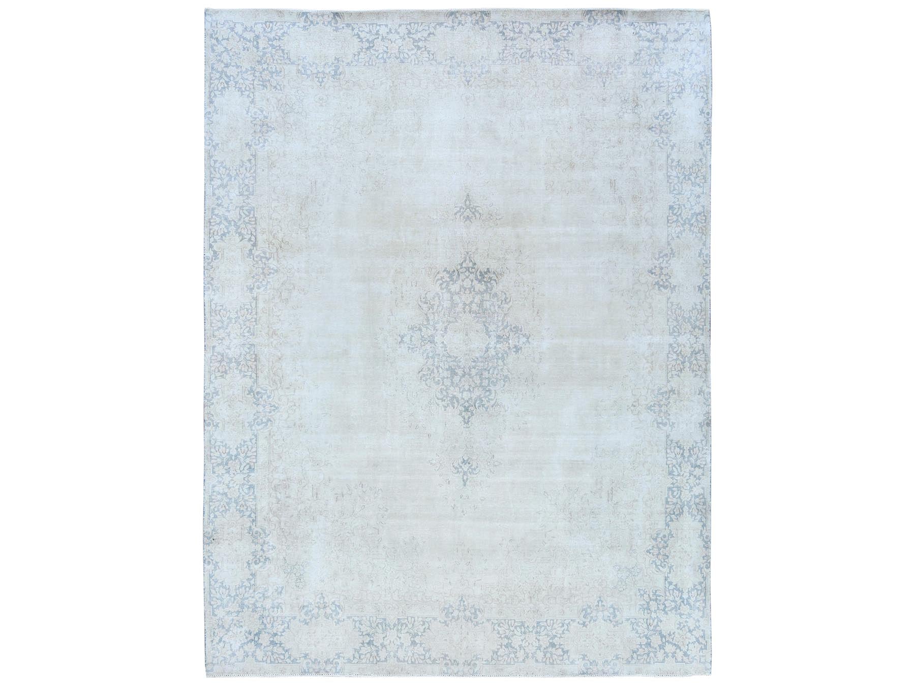 Kerman Vintage hand-knotted worn wool rug in Ivory & Faded Blue, 9' x 12' — SKU O081254