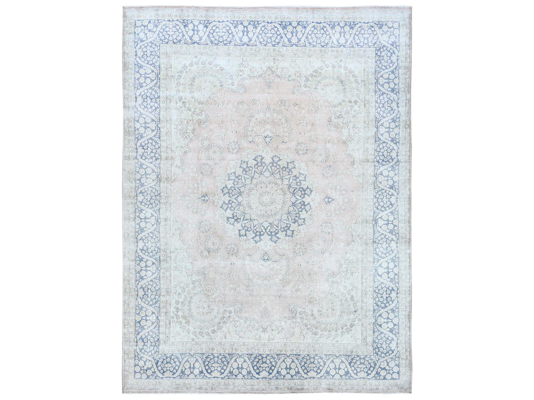 Kerman Vintage hand-knotted worn wool rug in Red & Denim Blue, 10'2" x 13'4" — SKU O081258