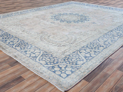 Kerman Vintage hand-knotted worn wool rug in Red & Denim Blue, 10'2" x 13'4" — SKU O081258 (view 3)