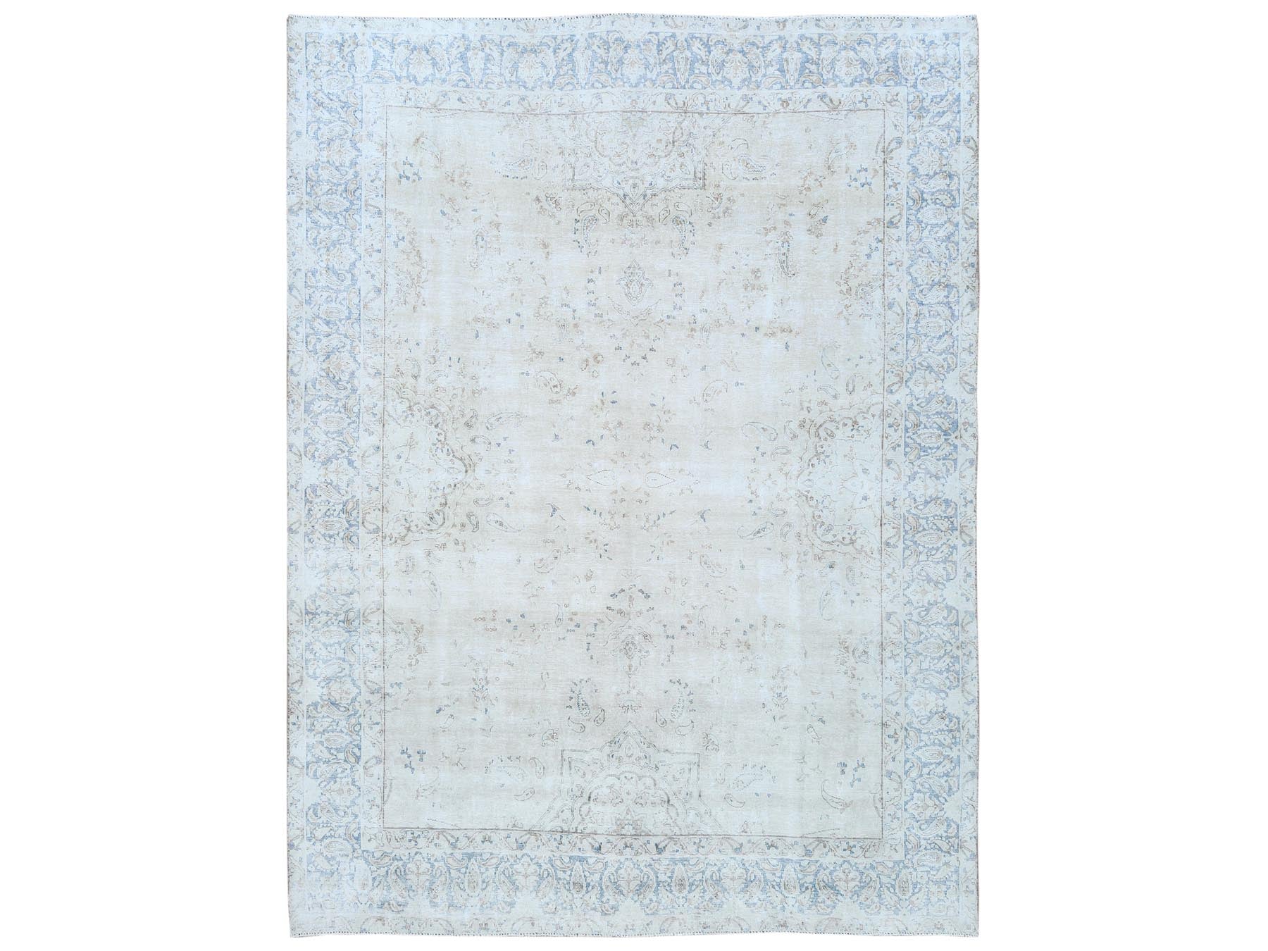 Kerman Vintage hand-knotted worn wool rug in Ivory & Denim Blue, 9'6" x 12'6" — SKU O081259