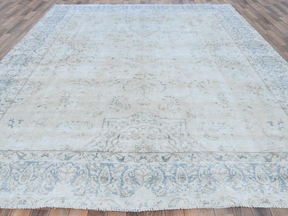 Kerman Vintage hand-knotted worn wool rug in Ivory & Denim Blue, 9'6" x 12'6" — SKU O081259 (view 2)