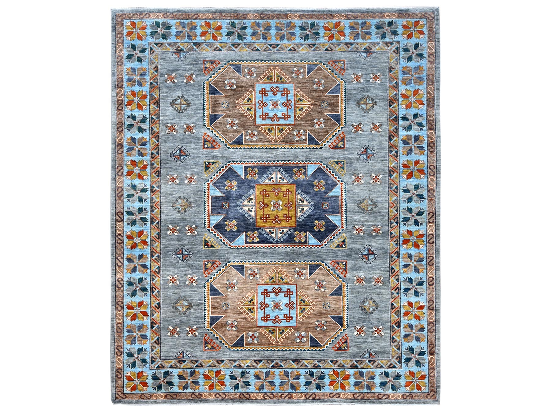 Tribal & Geometric hand-knotted wool rug in Gray & Light Blue, 9' x 11'9" — SKU O081273