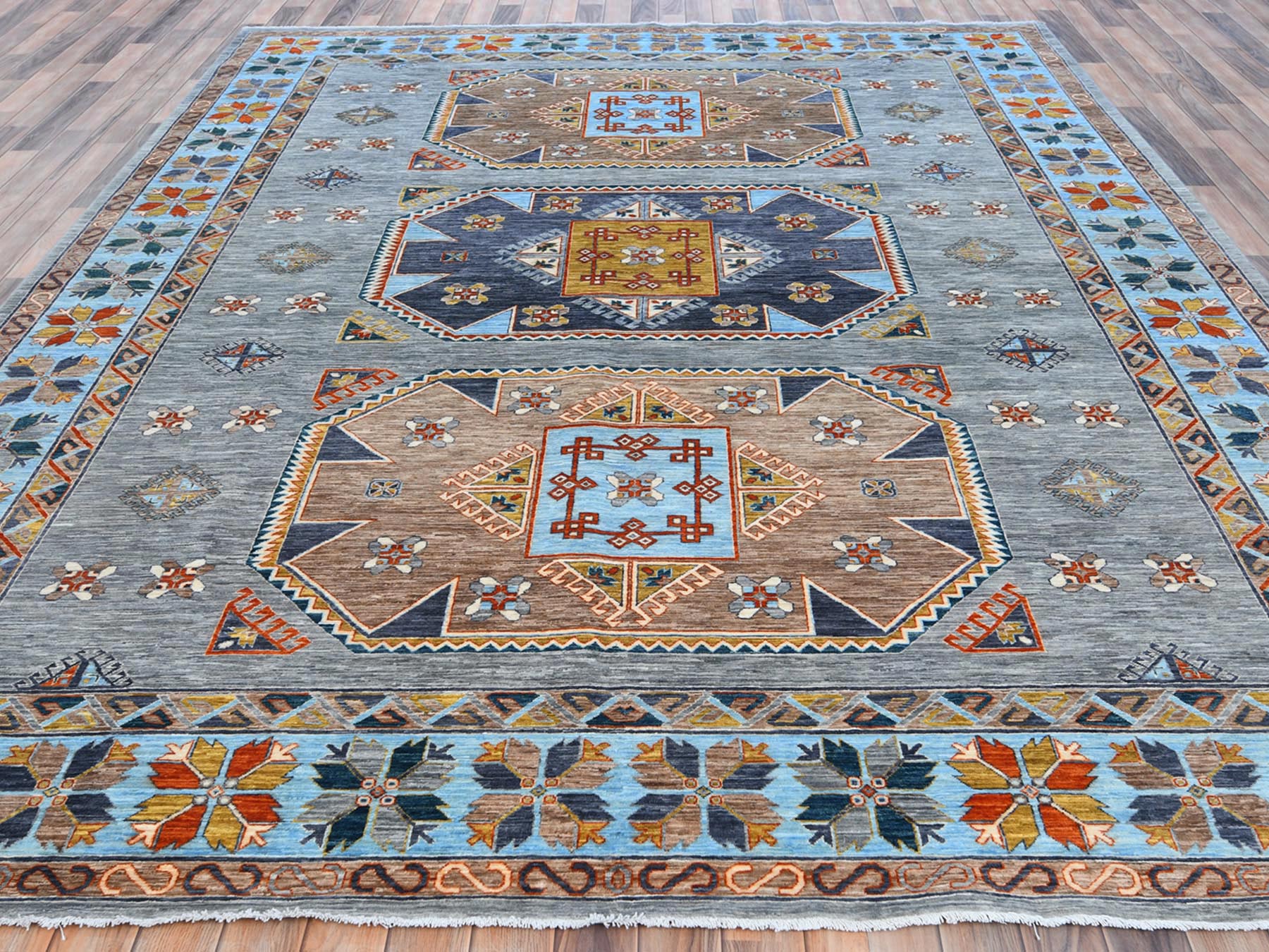 Tribal & Geometric hand-knotted wool rug in Gray & Light Blue, 9' x 11'9" — SKU O081273 (view 2)