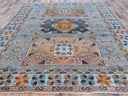 Grey 9'0" x 11'9" Tribal & Geometric Hand knotted Wool Rug - Sku: O081273