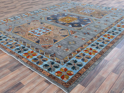 Tribal & Geometric hand-knotted wool rug in Gray & Light Blue, 9' x 11'9" — SKU O081273 (view 3)