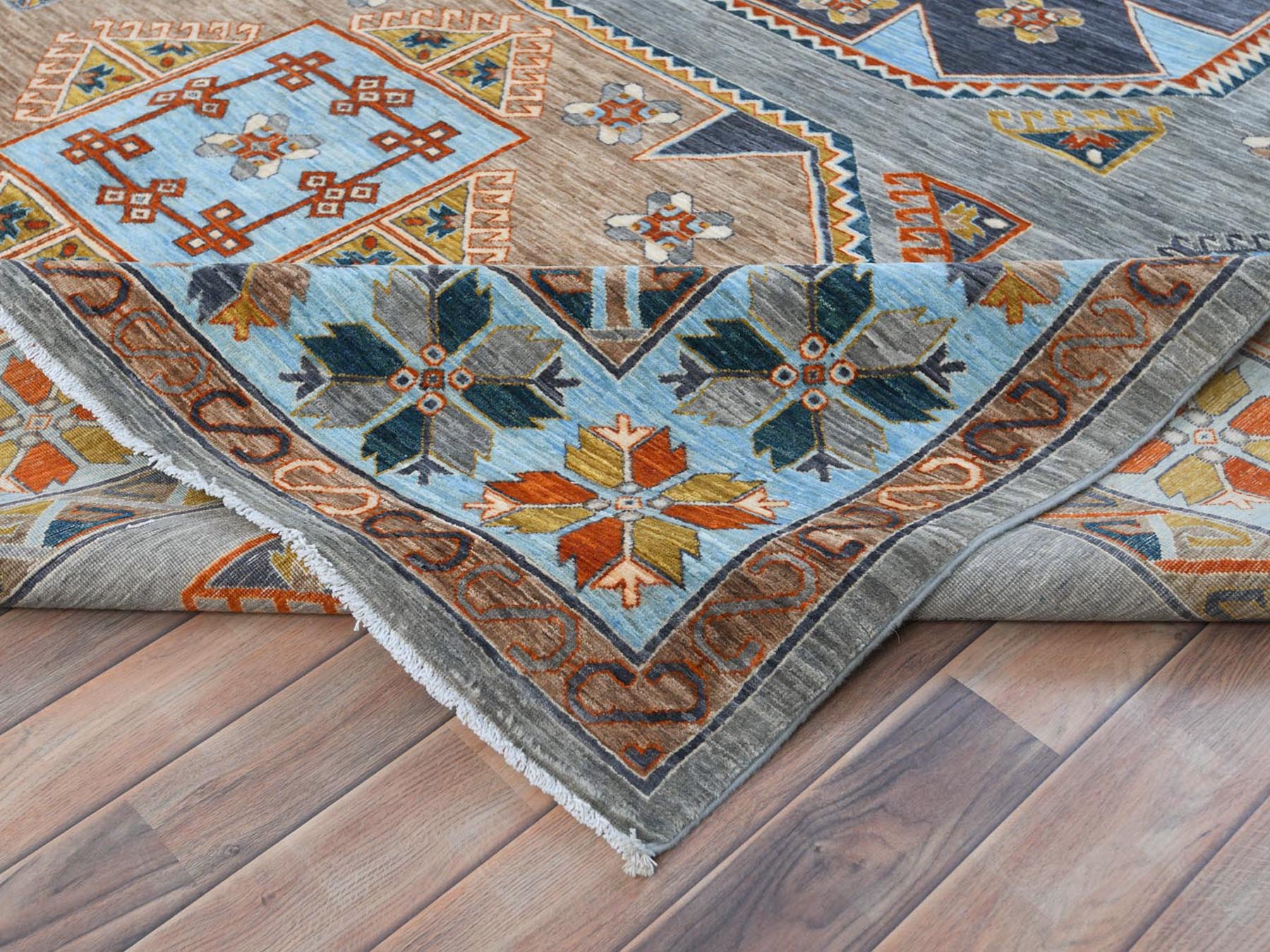 Tribal & Geometric hand-knotted wool rug in Gray & Light Blue, 9' x 11'9" — SKU O081273 (view 6)